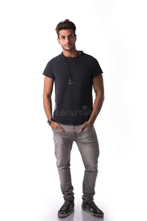 Full Figure Handsome Young Man Standing Confident Casual Clothes Stock