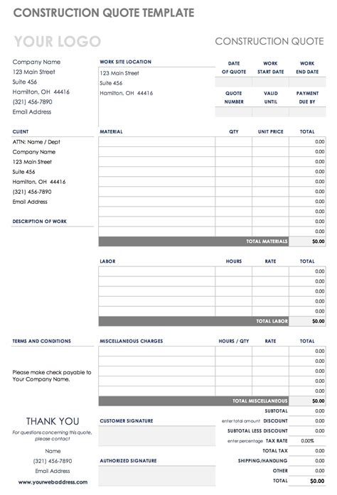 Free Construction Quote Templates Smartsheet