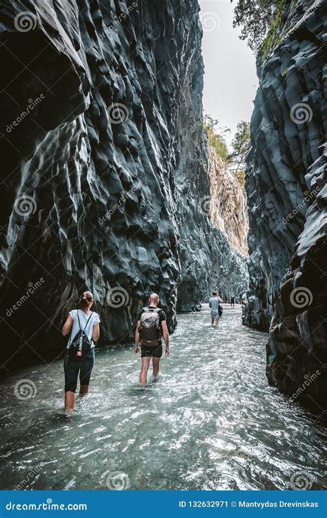 Tourists Walking In Alcantara Gorge And Alcantara River Park In Sicily