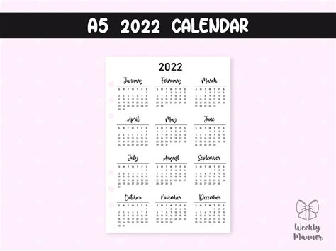 A5 Calendario 2022 Imprimible Para Planificador De Etsy Riset