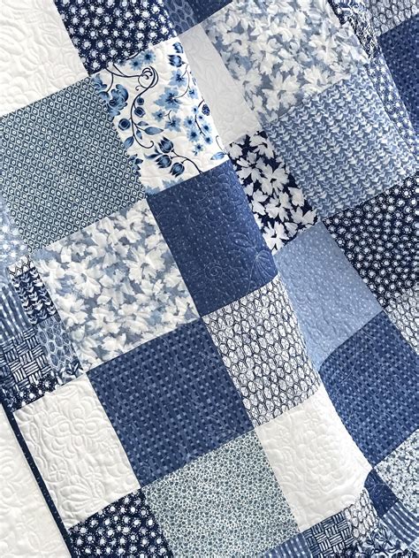 King Patchwork Quilt W Designer Fabrics Blue White Ella Etsy
