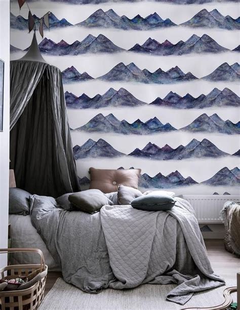 Watercolor Mountains Removable Wallpaper Blue And White 68 Etsy