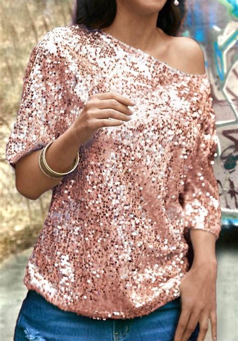 Check spelling or type a new query. Rose Gold One-shoulder Sequin Glitter Round Neck Elbow Sleeve Clubwear NYE Party Top T-Shirt ...