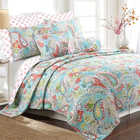 Cozy Line Home Fashions Paisley Floral 3 Piece Turquoise Blue Coral