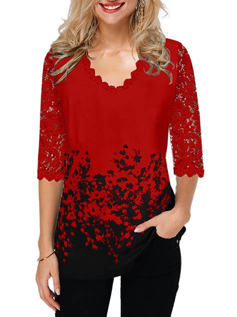 Womens Casual Plus Size Lace 34 Sleeve Blouse Long Sleeve T Shirts