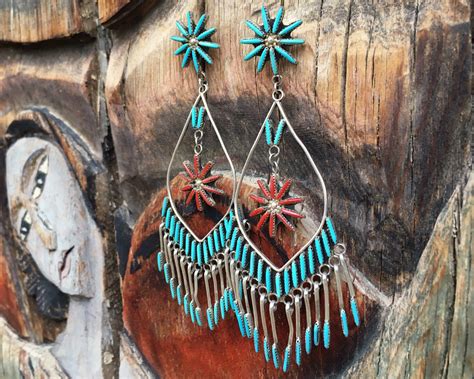 Long Large Turquoise Coral Zuni Needlepoint Chandelier Earrings