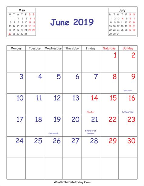 Printable 2019 Calendar June Vertical Layout Whatisthedatetodaycom