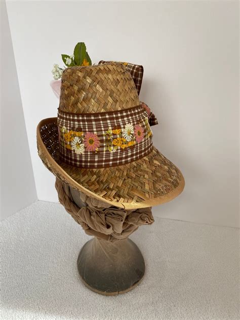 1880s Flowerpot Hat Tall Crowned Straw Hat Floral Trim And Etsy