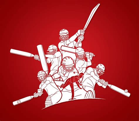 Group Of Cricket Players Action Cartoon Sport Graphic Vector Stock
