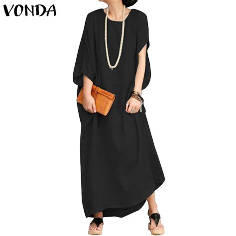 Vonda Women Vintage Plus Size Dress 2019 Summer O Neck Casual Loose