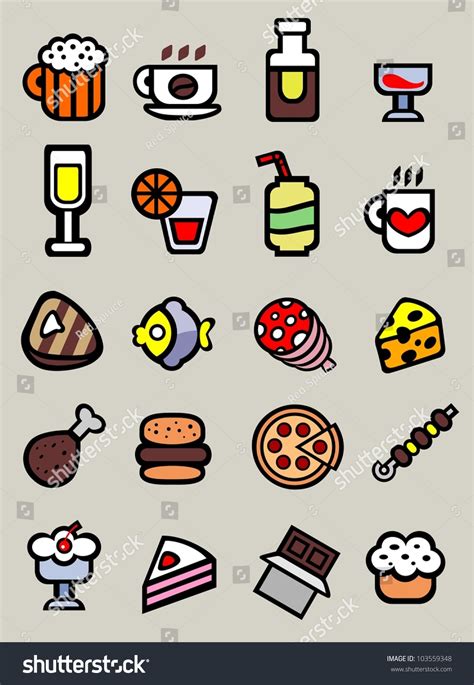20 Cartoon Food And Drink Icons On Grey Background Stock