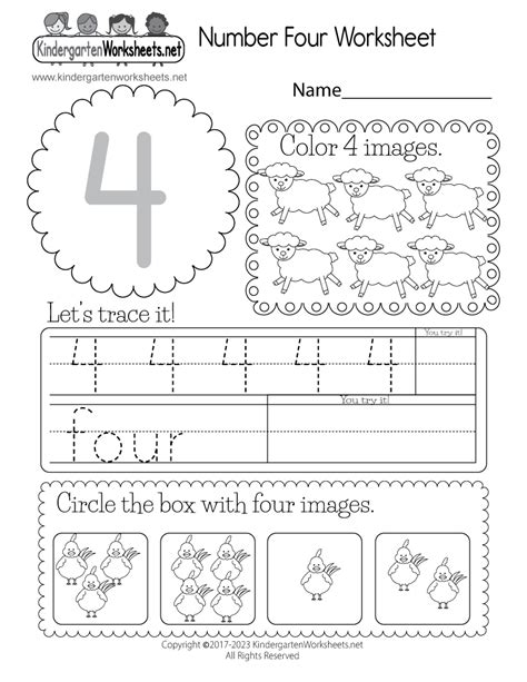 Number 4 Worksheet For Kindergarten Printable Kindergarten Worksheets