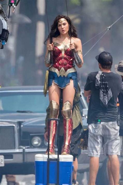 Gal Gadot Being Wired For A Stunt In Wonder Woman Wonder Woman Costume Wonder Woman
