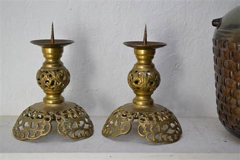 Brass Pillar Candle Holder Set Of 2 Indian Bohemian Style Home Etsy