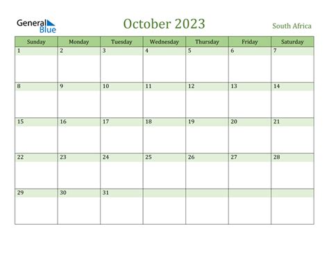 October 2023 Calendar With South Africa Holidays