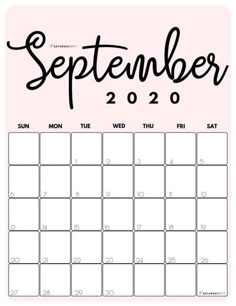 Cute And Free Printable September 2020 Calendar Saturdayt