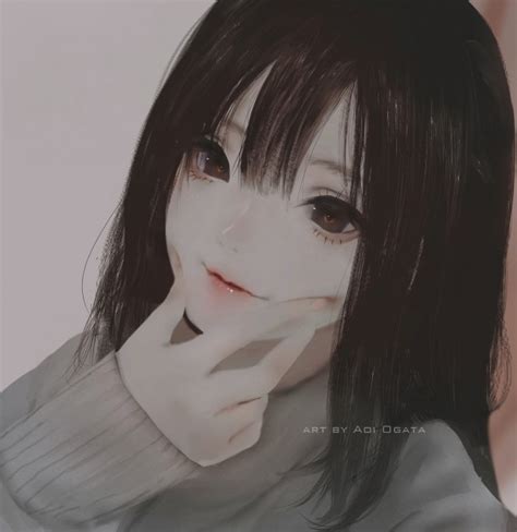 Wallpaper Anime Girl Forced Smile Semi Realistic Black