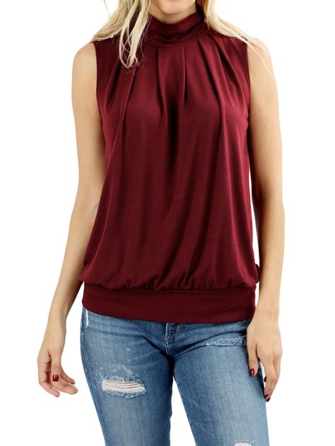 Thelovely Women Sleeveless Mock Turtleneck Pleated Top With Waistband