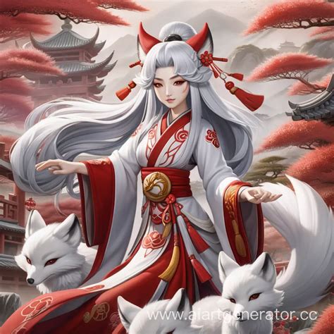 Chinese Immortal Goddess Hu Xian Enchanting WhiteHaired TenTailed Fox In Genshin AI Art Generator