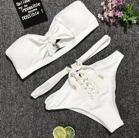Explosive Models Bikini Ladies Split Swimsuit White Solid Color Bandage On Luulla
