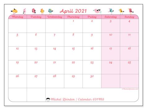 April 2021 Calendars “monday Sunday” Michel Zbinden En