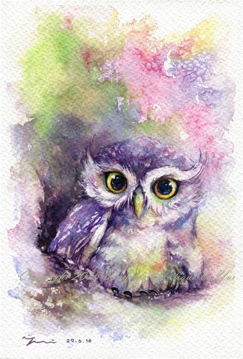 Rainbow Owl Original Watercolor Painting 75x11 Inches Owl