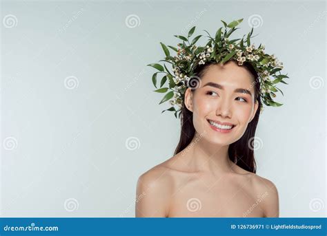 Attractive Naked Asian Girl In Green Floral Wreath Stock Image Image Of Naked Portrait