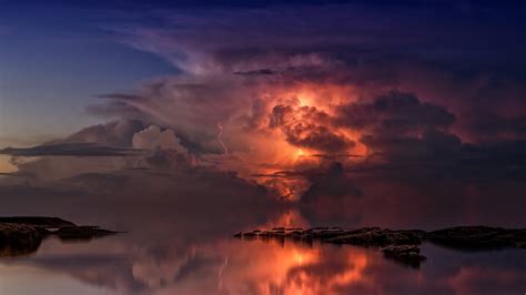 Wallpaper Nature Sky Reflection Clouds Storm Lightning Rock