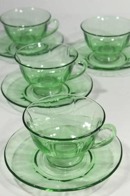 Vintage Fostoria Fairfax Green Glass Tea Cups Saucers Elegant