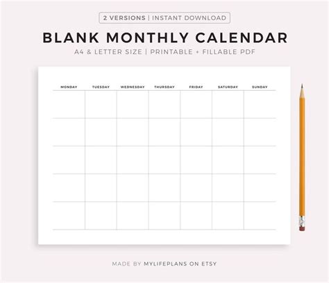 Blank Monthly Calendar Printable Landscape Minimalist Etsy Monthly