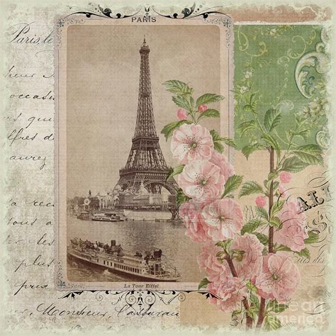 Vintage Ephemera Eiffel Tower Paris France Blush Pink Hollyhock Flowers