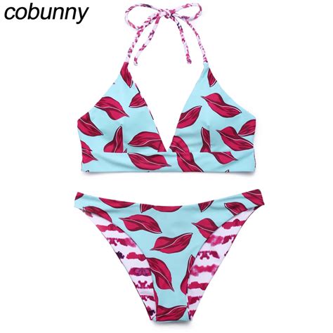 Cobunny 2017 Sexy Bikini Set Women Swimwear Leaf Print Sport Swimsuit Halter Bandage Brazilian