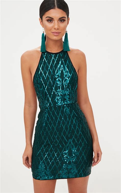 Emerald Green Sequin Front Bodycon Dress Prettylittlething Usa