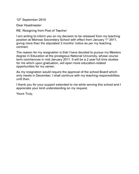 Letter Of Resignation Teacher Uk Sample