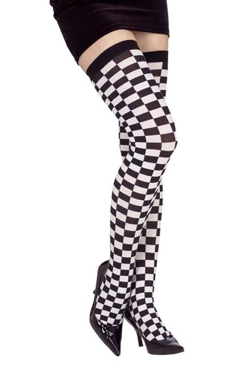 Checkered Black And White Racer Adult Womens Thigh High Tights