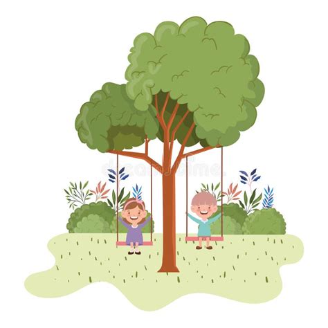Couple Baby In Swing Smiling In Landscape Stock Vector Illustration
