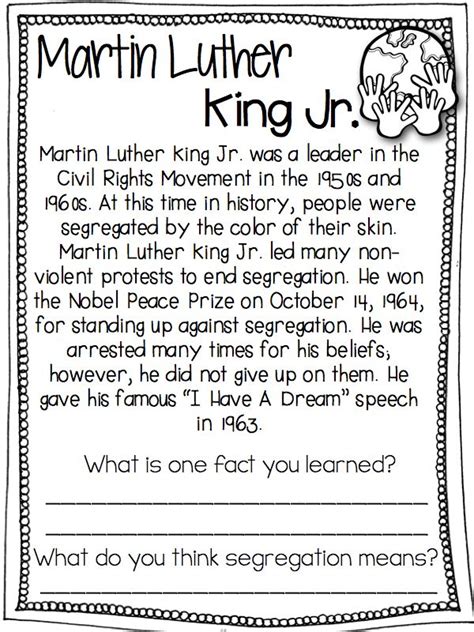 Martin Luther King Reading Comprehension 1st Grade Emanuel Hill S Reading Worksheets