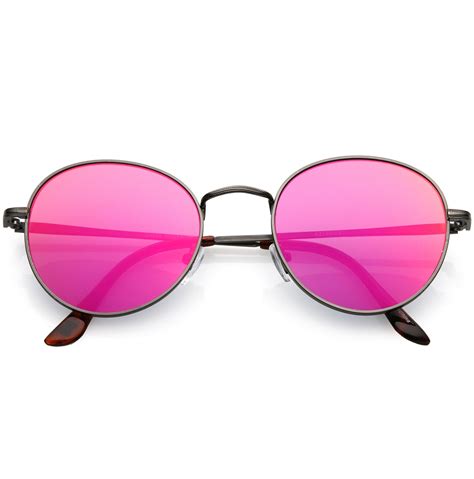 Classic Full Metal Round Sunglasses Slim Temple Color Mirrored Flat