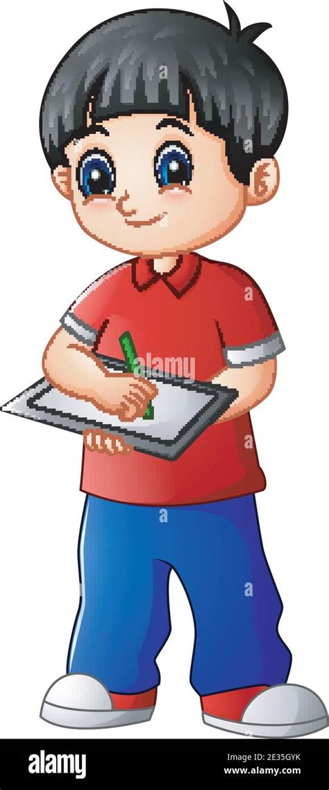 Vector Illustration Of Cute Boy Standing With Holding Notebook Stock