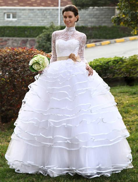 Deluxe White Ball Gown High Collar Tiered Tulle Bridal Wedding Dress