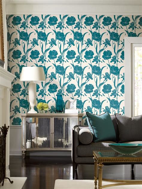Birght Living Room Designs With Blue And Green Wallpaper Motifs