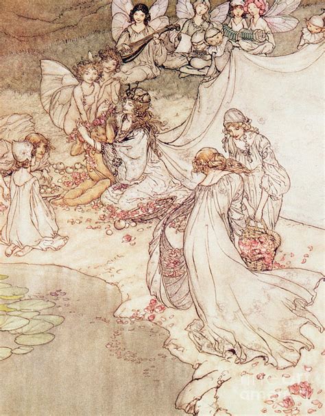 Illustration For A Fairy Tale Fairy Queen Covering A Child With Blossom