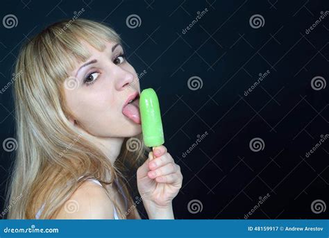 Girl Licking Ice Cream Stock Photo Image