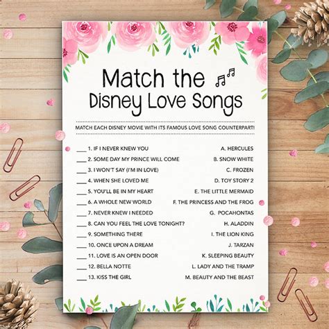 Disney Love Songs Printable Bridal Shower Game Instant Download