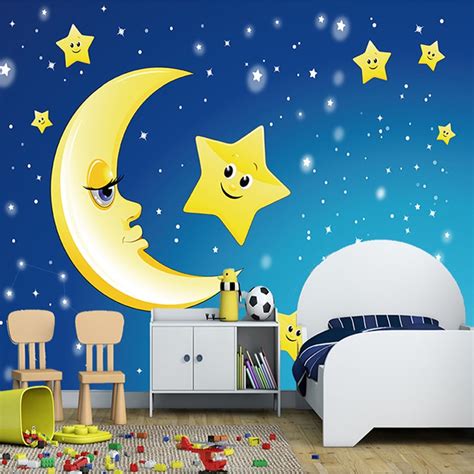 Custom 3d Mural Wall Paper Cute Cartoon Moon And The Stars