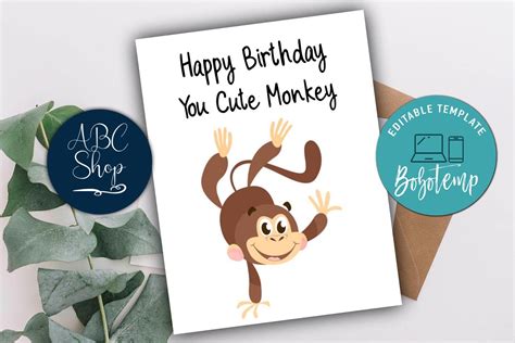 Printable Cute Monkey Birthday Card Instant Instant Download