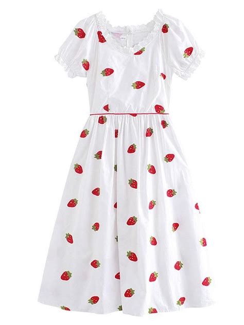 Strawberry Embroidered Puff Sleeve Vintage Cotton Dress Vintage Cotton Dress Cotton Dresses
