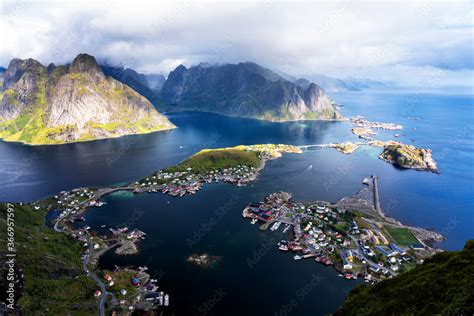 Sunny Aerial Panoramic View On Stunning Mountains And Village Of Reine