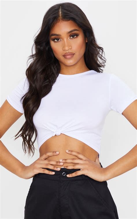 white jersey knot front crop t shirt tops prettylittlething qa