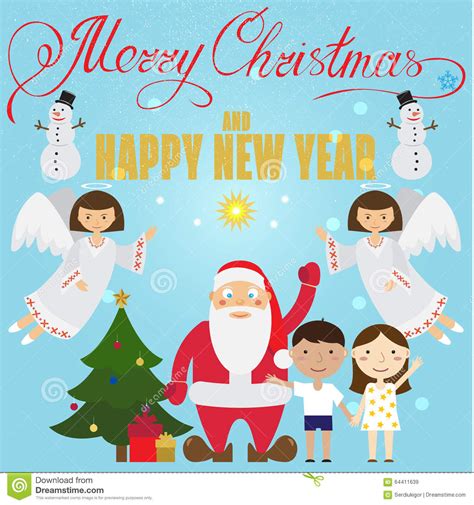 Christmas Poster Design With Santa Claus Angel Children Stock Vector